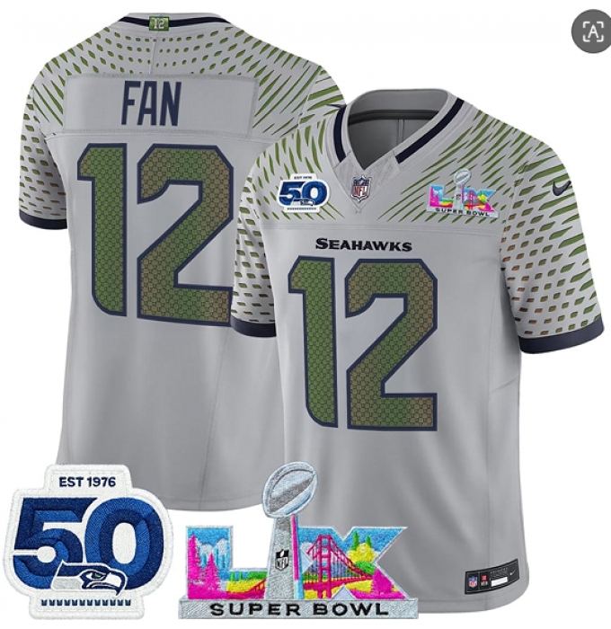 Men's Seattle Seahawks #12 Fan Gray 2025 F.U.S.E. Super Bowl LX And 50th Season“Rivalries” Vapor Limited Football Stitched Jersey
