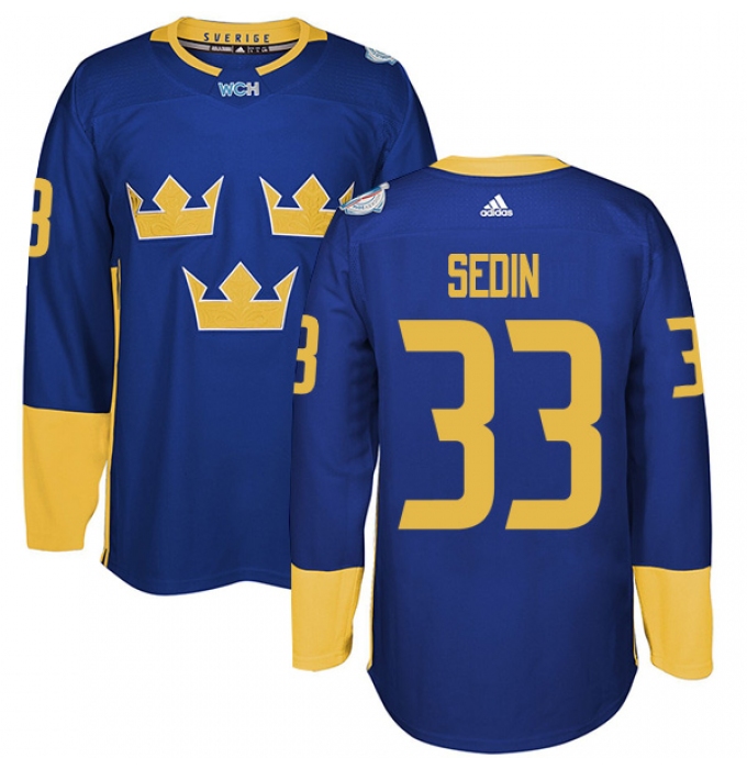 Men's Adidas Team Sweden #33 Henrik Sedin Premier Royal Blue Away 2016 World Cup of Hockey Jersey