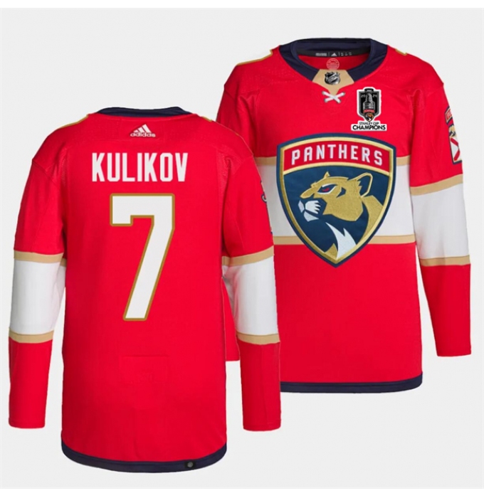 Men's Florida Panthers #7 Dmitry Kulikov Red Home 2024 Stanley Cup Champions Stitched Jersey