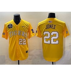 Men's LSU Tigers #22 Jared Jones Gold 2025 World Series & SEC Patch Stitched Baseball Jersey