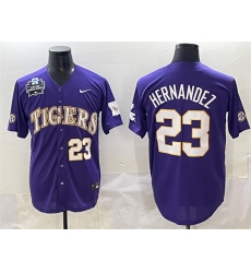 Men's LSU Tigers #23 Luis Hernandez Purple 2025 World Series & SEC Patch Stitched Baseball Jersey