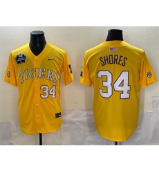 Men's LSU Tigers #34 Chase Shores Gold 2025 World Series & SEC Patch Stitched Baseball Jersey