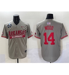 Men's Arkansas Razorbacks #14 Gage Wood Grey 2025 World Series & SEC Patch Stitched Jersey