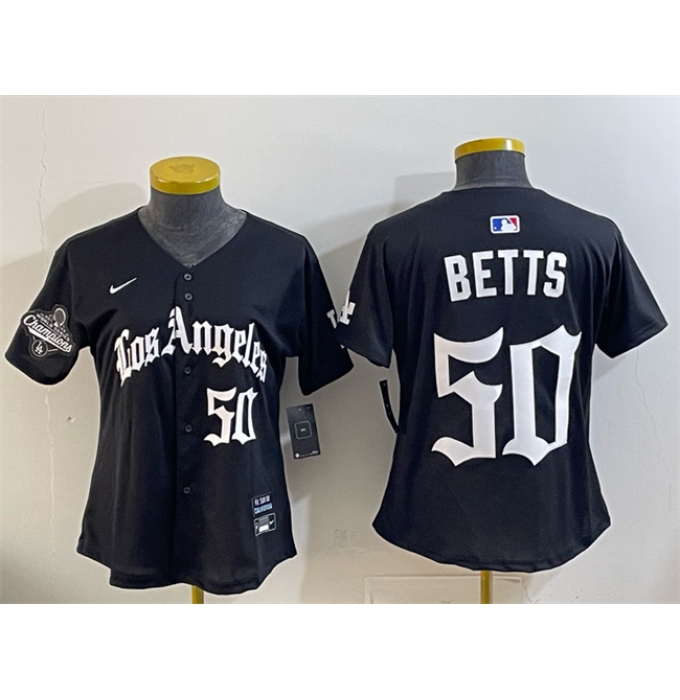 Youth Los Angeles Dodgers #50 Mookie Betts Black 2025 World Series Champions LA Gothic Edition Limited Stitched Baseball Jersey