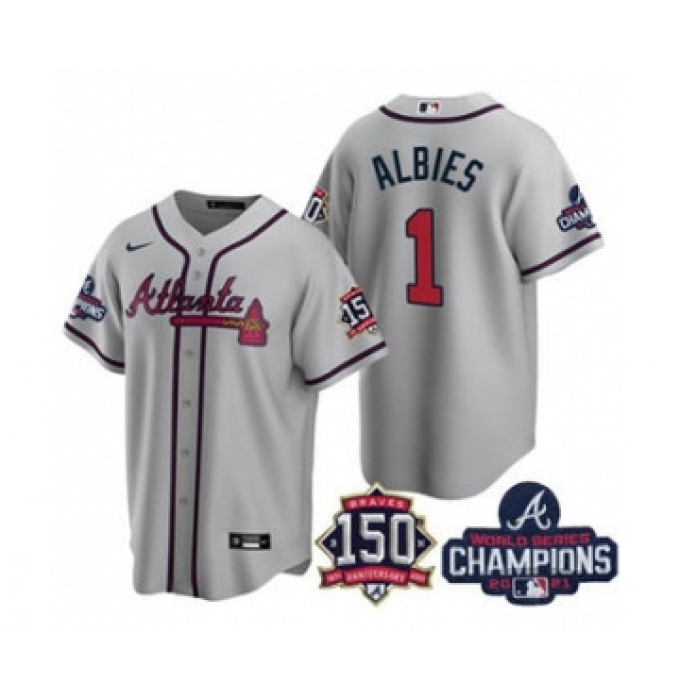 Men's Atlanta Braves #1 Ozzie Albies 2021 Grey World Series Champions With 150th Anniversary Patch Cool Base Stitched Jersey
