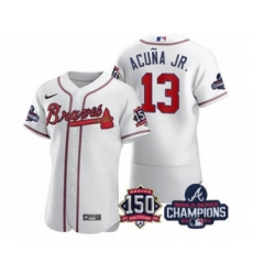 Men's Atlanta Braves #13 Ronald Acuna Jr. 2021 White World Series Champions With 150th Anniversary Flex Base Stitched Jersey