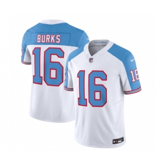 Men's Nike Tennessee Titans #16 Treylon Burks White Blue 2023 F.U.S.E. Vapor Limited Throwback Football Stitched Jersey Men's Nike Tennessee Titans #16 Treylon Burks White Blue 2023 F.U.S.E. Vapor Limited Throwback Football Stitched Jersey