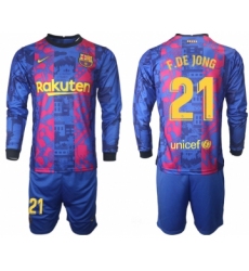 Men 2021-2022 Club Barcelona Second away blue Long Sleeve 21 Soccer Jersey