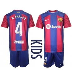 Youth Barcelona #4 R.Araujo Blue Red 2023-24 Home Soccer Jersey