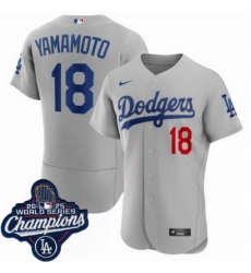 Men's Los Angeles Dodgers 18 Yoshinobu Yamamoto Cool Base 2025 World Champions Stitched Baseball Jersey Gray