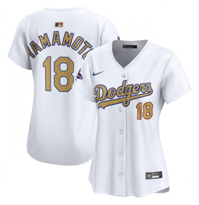 Women's Los Angeles Dodgers #18 Yoshinobu Yamamoto White 2025 Gold Collection Limited Stitched Baseball Jersey(Run Small)