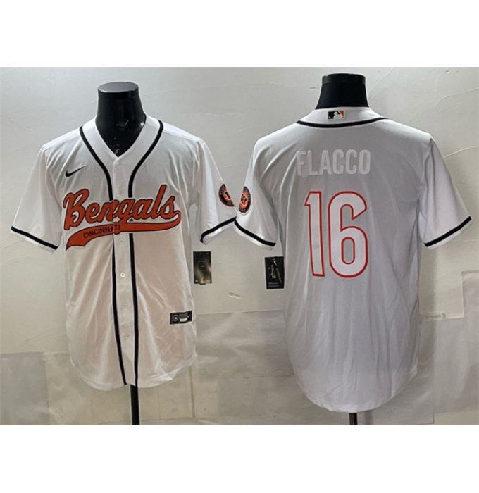 Men's Cincinnati Bengals #16 Joe Flacco White With Cool Base Stitched Baseball Jersey