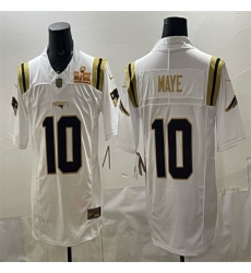 Men's New England Patriots #10 Drake Maye White Gold 2025 F.U.S.E. Super Bowl LX Vapor Limited Stitched Football Jersey
