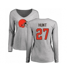 Football Women's Cleveland Browns #27 Kareem Hunt Ash Name & Number Logo Long Sleeve T-Shirt