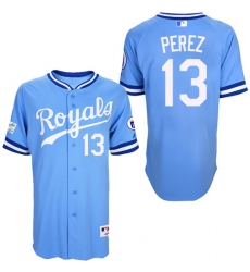 Men's Majestic Kansas City Royals #13 Salvador Perez Authentic Light Blue 1985 Turn Back The Clock MLB Jersey