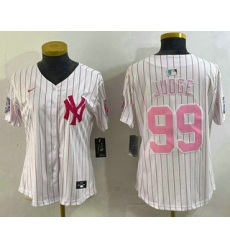 Women's New York Yankees #99 Aaron Judge White Pink Pinstripe Fashion Cool Base Jersey