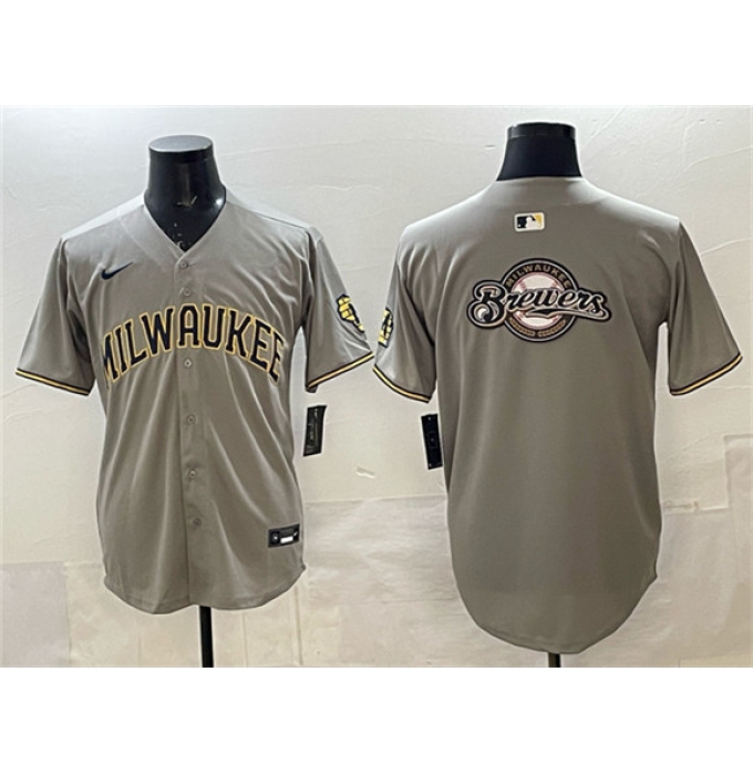 Men's Milwaukee Brewers Team Big Logo Gray Home Limited Stitched Jersey