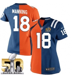 Women's Nike Denver Broncos #18 Peyton Manning Elite Navy Blue/White Split Fashion Super Bowl 50 Bound NFL Jersey